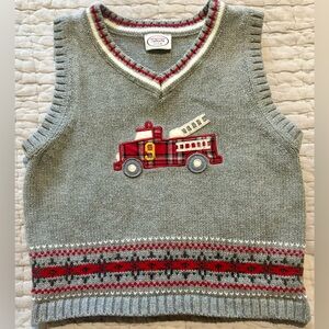 90’s Kid Talbots Kids 18M Fire Truck Sweater Vest Gray Knit Fair Isle Boys Vest